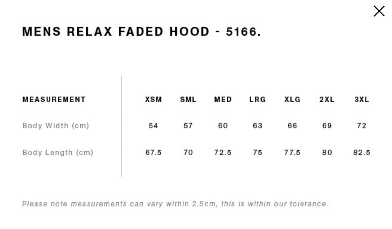 Relax hood size chart